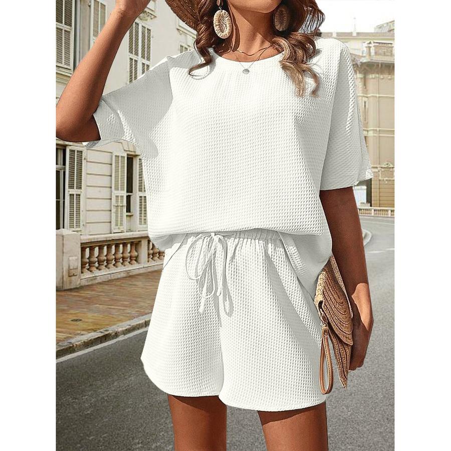 Neues Damen Kurzarm Set - Modisches Fledermausärmel Top mit Shorts Zweiteiliges Outfit