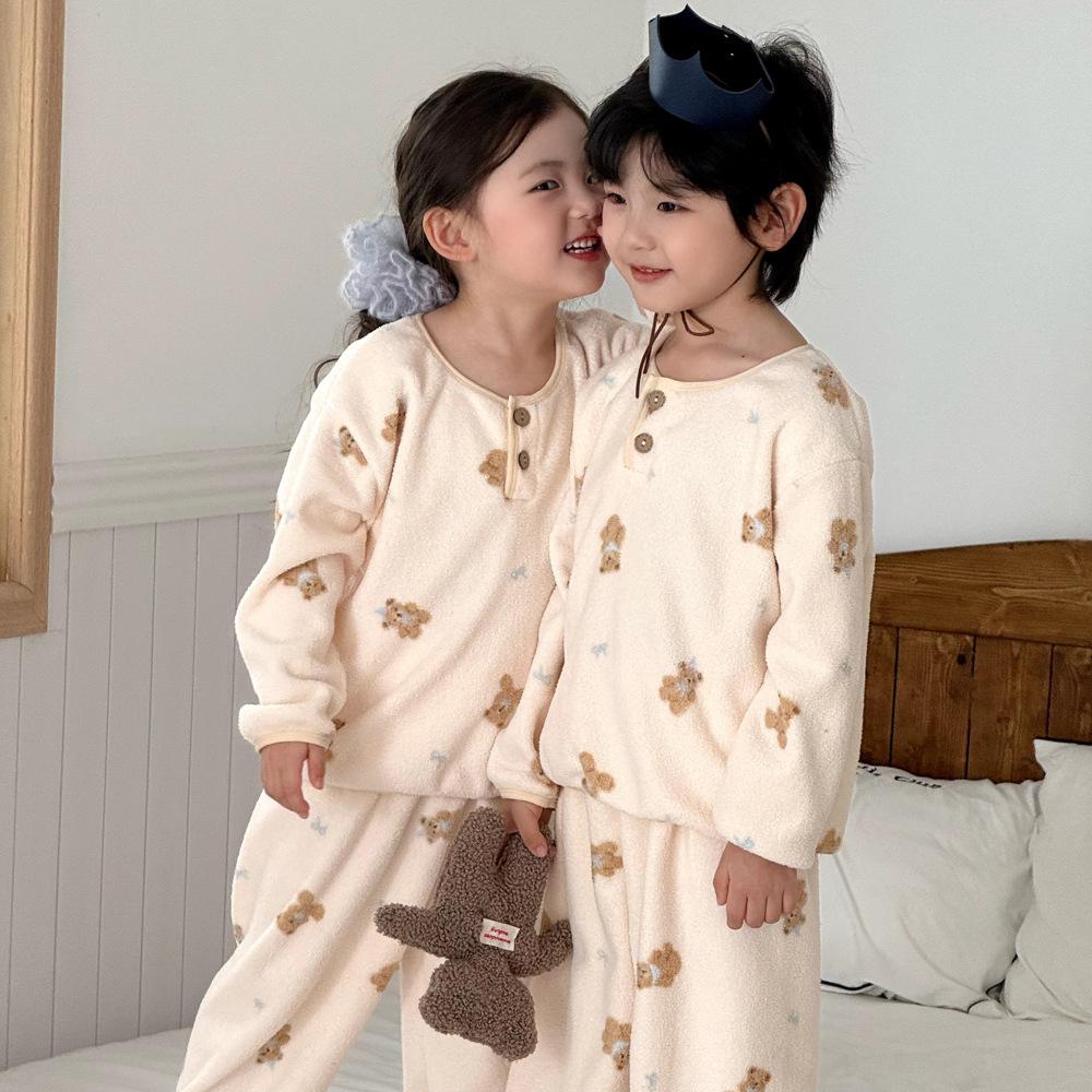 Set de pijamale din fleece dublu-față, stil coreean, pentru copii, cu desene animate, pentru băieți și fete - Îmbrăcăminte caldă de toamnă/iarnă