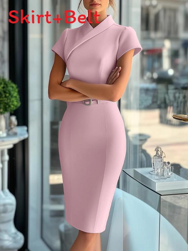 Packable Blue Polyester Bodycon Dress With Notch Collar For Office And Casual Wear