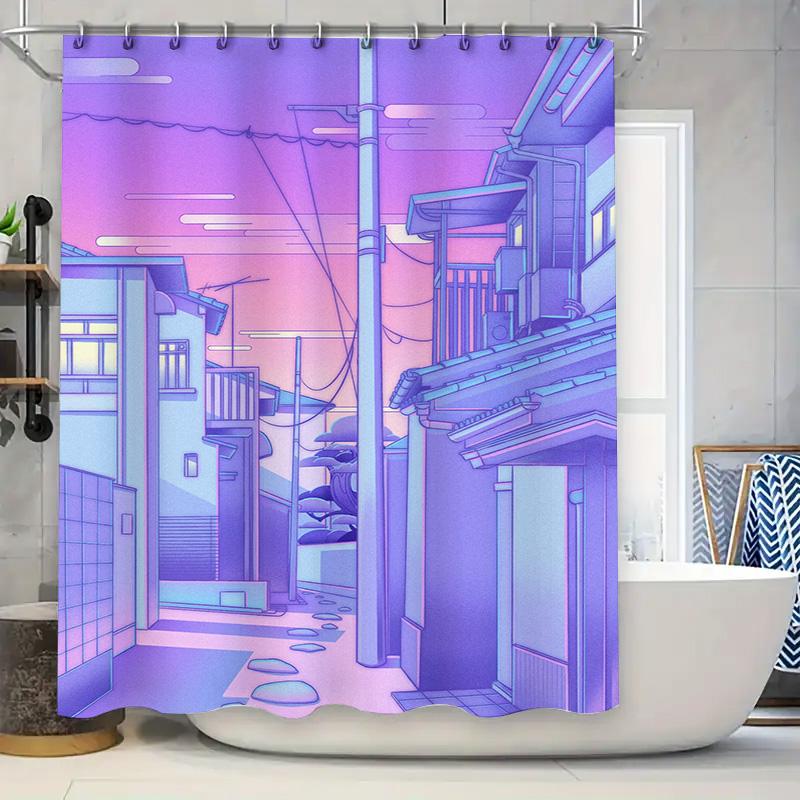 Fantasy Blue Purple Shower Curtain With Japanese Architecture Anime Cartoon Print For Bathroom Decor 3D Printed Fabric Waterproo