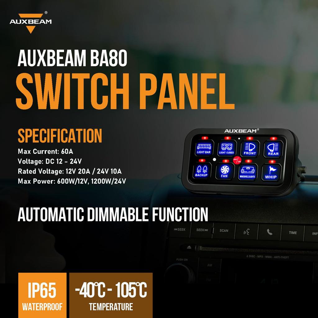 Auxbeam Switch Panel BA80 Universal Circuit Control Relay System 8-Gang