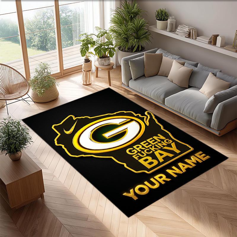 Green Bay Packers Crystal Velvet Rug, Custom Name Text Personalized Non‑Slip Floor Mat for Home Decor Gift