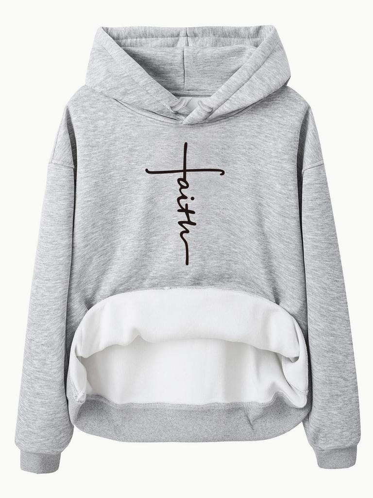 European Size Fleece Lined Women's Hooded Sweatshirt with Kangaroo Pocket and Cross Print - Long Sleeve, Autumn/Winter