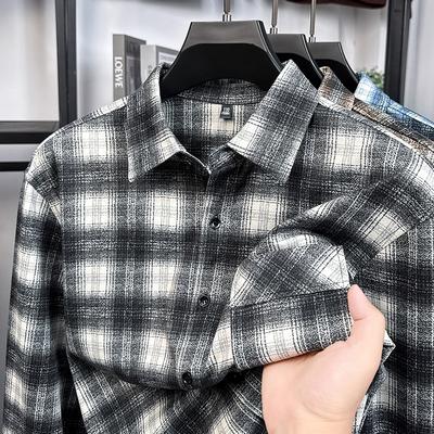 Men's Plaid Long Sleeve Wool Shirt Autumn Arrival Minimalist Breathable Classic Commute Menswear