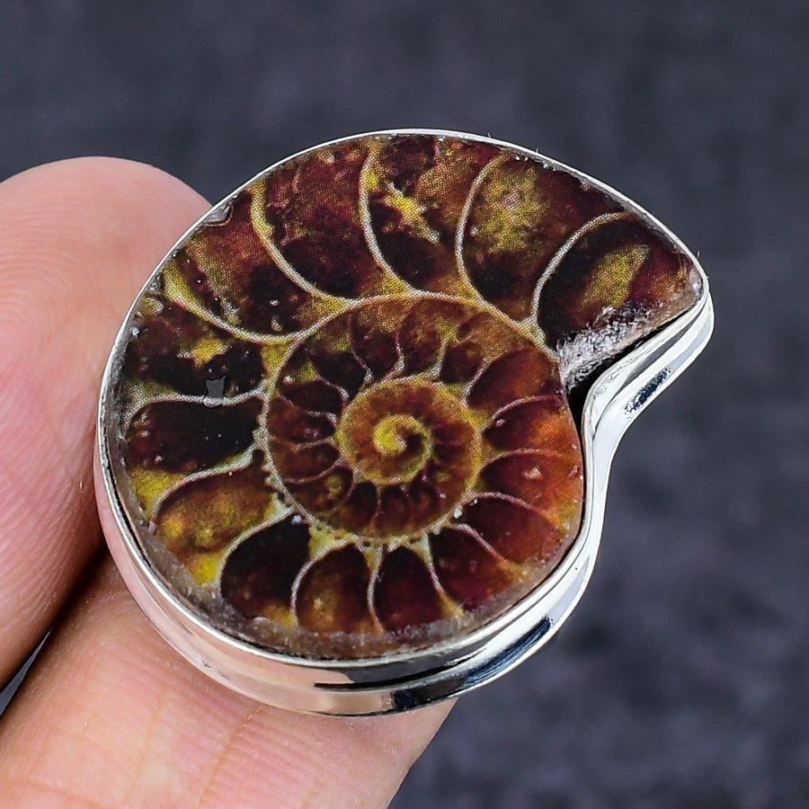 Natural Ammonite Fossil Gemstone 925 Sterling Silver Jewelry Ring Size 10 L3g46