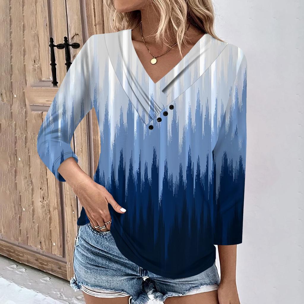 Womens 3/4 Sleeve Daily Weekend V Neck Casual Printed Tshirts Loose Fit Pleated Tees Ladies Blouse