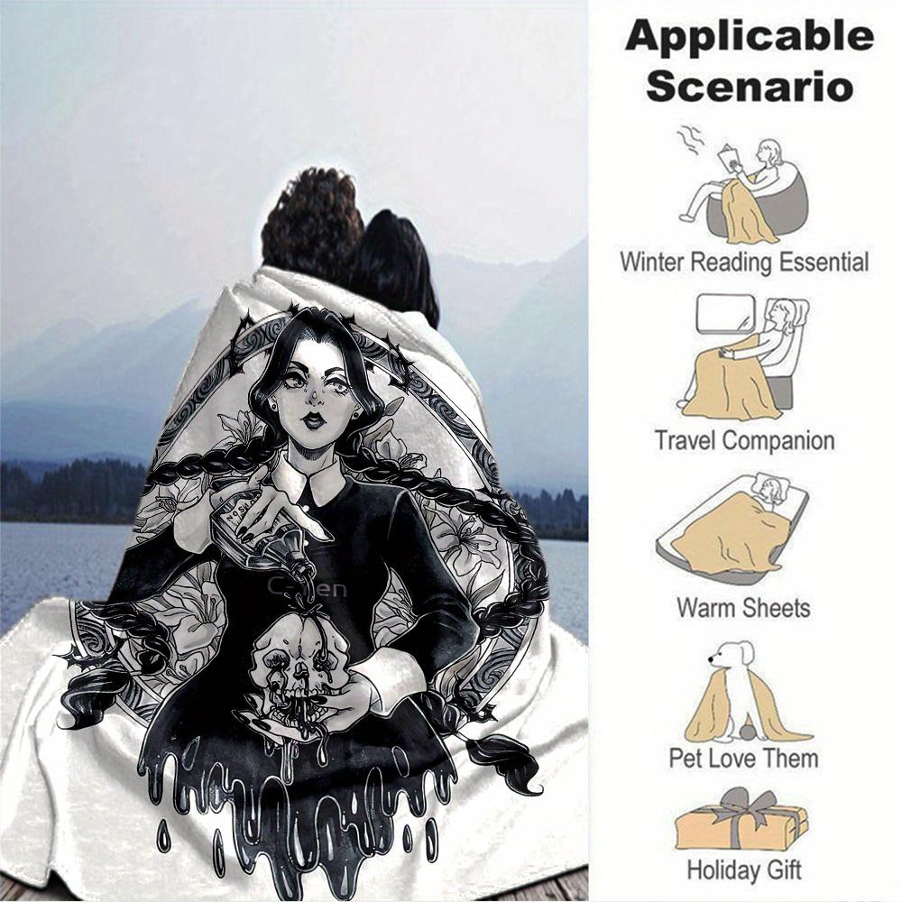 1pc Flannel Blanket, Gothic,Wednesday,Skull Pattern Printed Blanket, Sofa Bed Sofa Car Office Camping Travel Warm And Comfortable Soft Blank