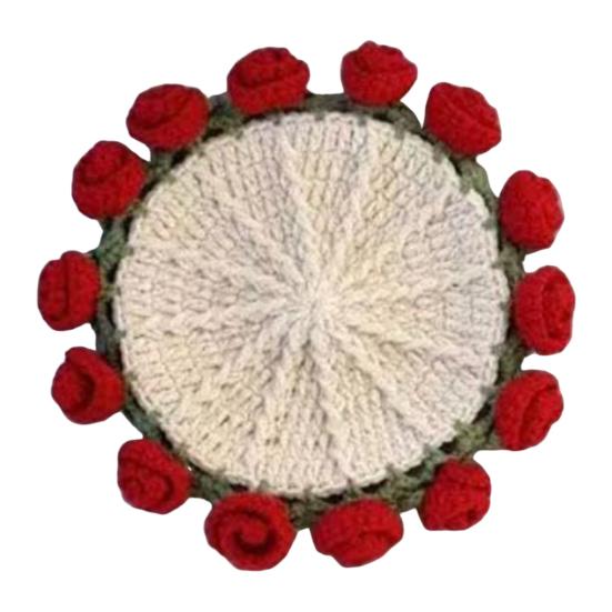 Crochet Flower Coasters Handmade Vintage Bouquet Knitted Rose Flower Decorative Coasters Anti-scald Table Mats Without Flower Pot