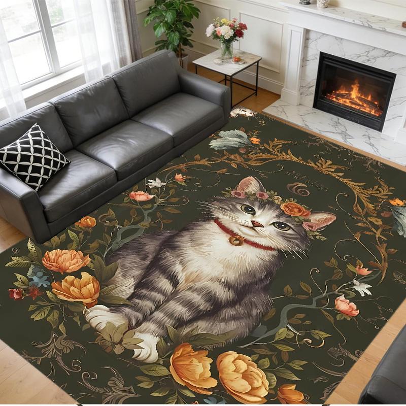 Anti‑Slip Crystal Velvet Floor Rug, Cat Design Carpet for Indoor Living Bedroom Home Decoration