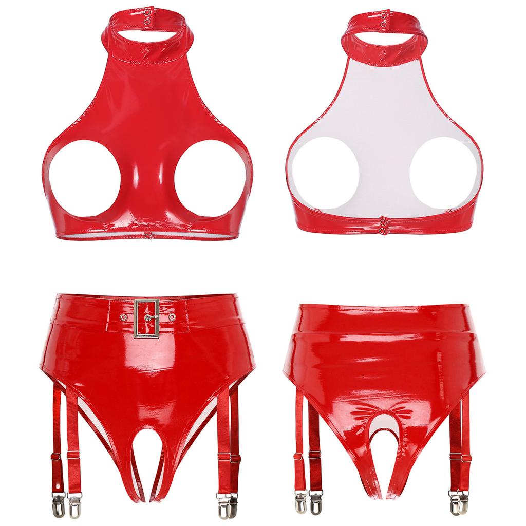 Lenjerie de damă, din piele lacuită, cu cupe deschise, crop top cu jartieră, cu picioare deschise, set de lenjerie de corp pentru îmbrăcăminte de club pentru nopți de întâlnire