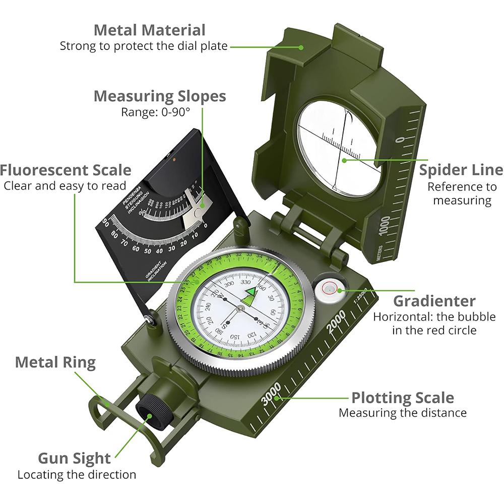 Mulitifunctional High Precision Outdoor Survival Military Compass Camping Waterproof Metal Featuring Fluorescent Geological Compass
