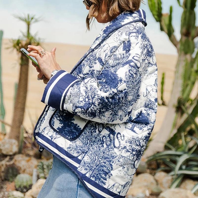 Printed Double Pocket Cotton Jacket Women Flower Printed Loose Casual Thickened Warm Coat Long Sleeve Cardigan Autumn Winter New Fashion