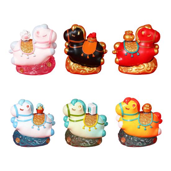 Chinese Style Cartoon Horse Figurine Bring Good Luck Fortune Hand-painted Resin Pony Statue Home Office Desktop Feng Shui Decoration Ornament