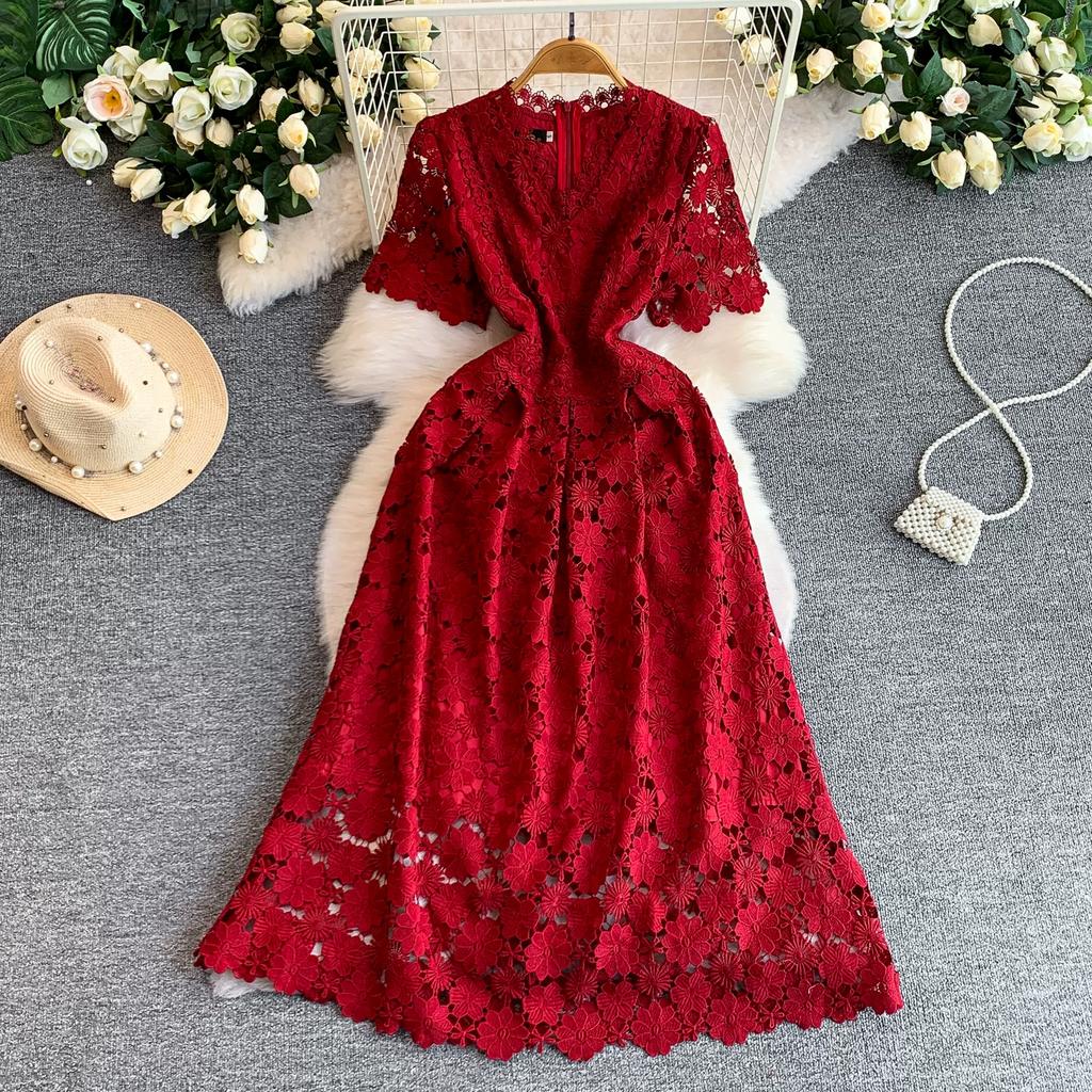 Summer Formal Evening Dress Women Hollow Out Crochet Lace Embroidery Party Long Dresses Female Short Sleeve Midi Dress