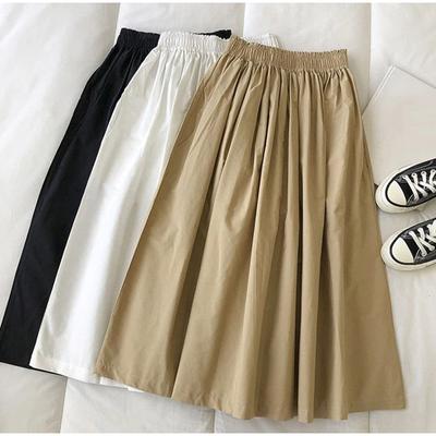 Fashion Women Pockets Pleated Knee Length Skirts Solid Color Casual Elegant High Waist A Line Female Skirts