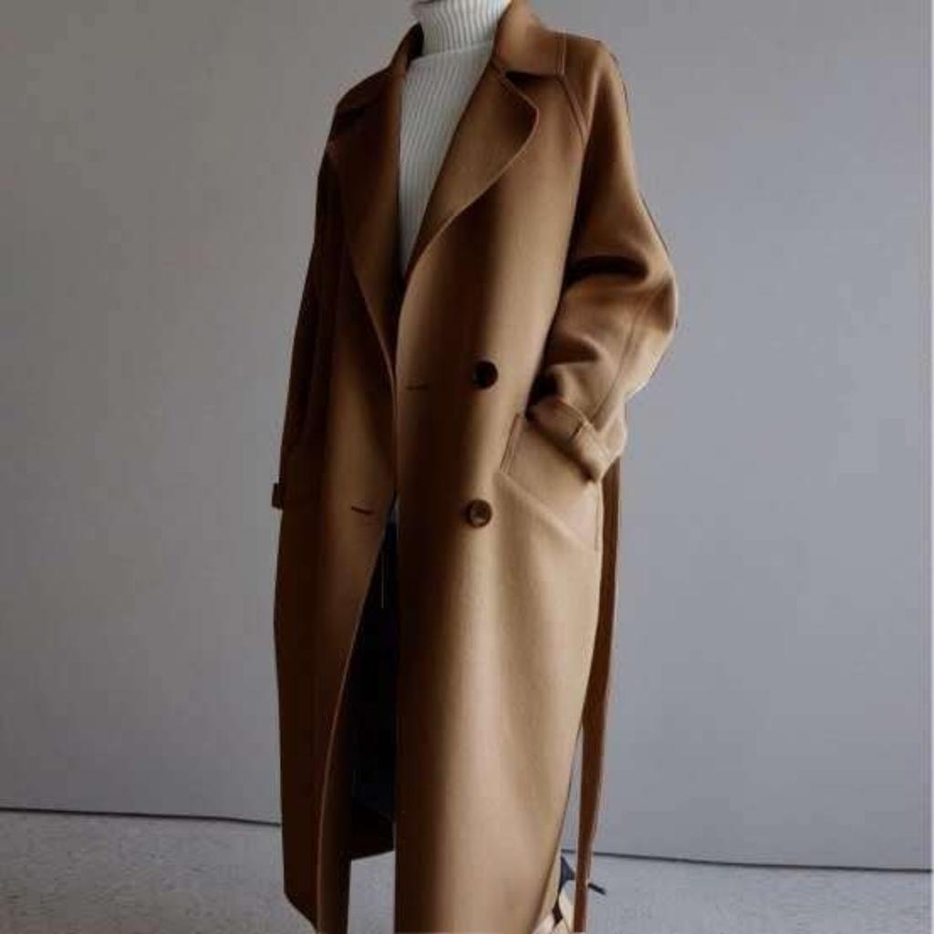 Women's Lapel Long Sleeve Loose Fit Trench Coat Casual Belted Wool Blend Mid-Long Jacket