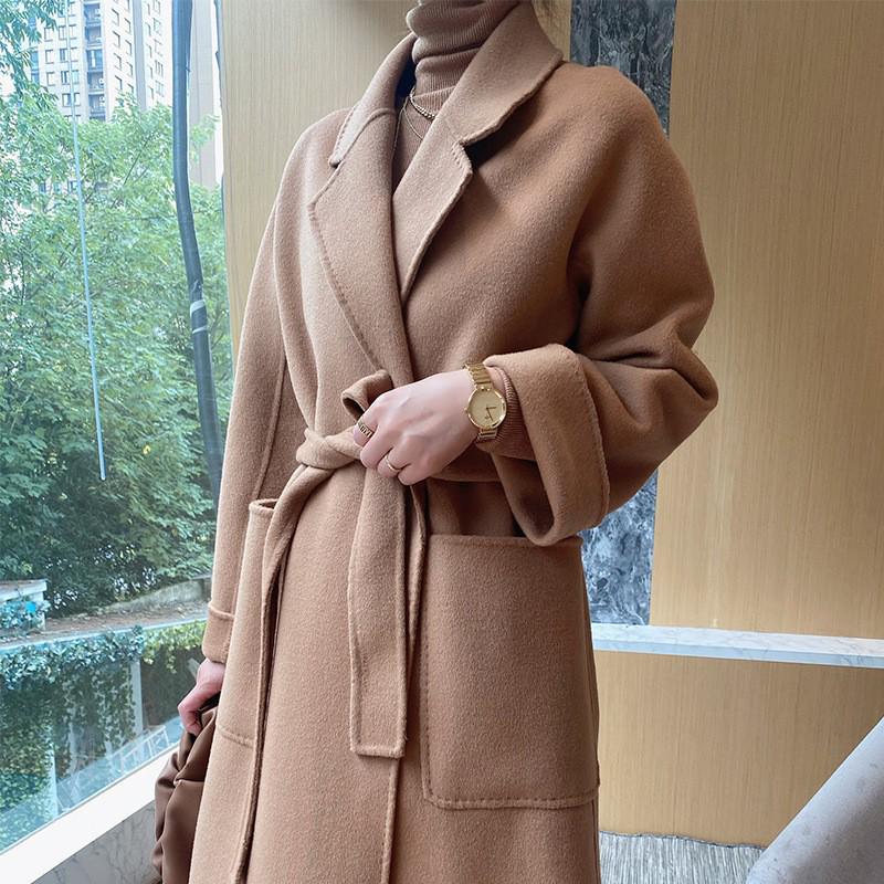 Double-Sided Cashmere Wool Coat: Women's Korean-Style Loose Hepburn Jacket with Suit Collar in Green.