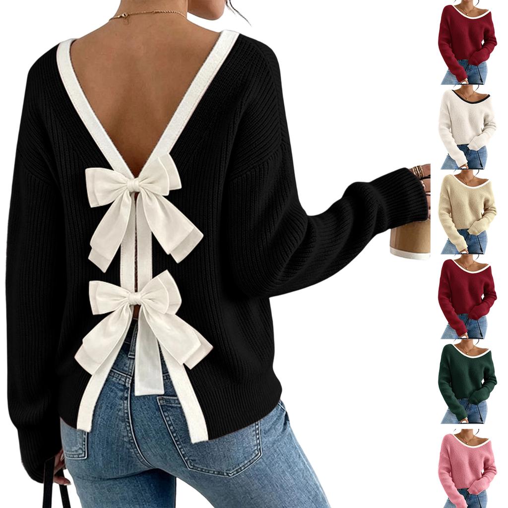 Women's Fall Winter Long Sleeve Round Neck Pullover Sweater with Back Knit Top