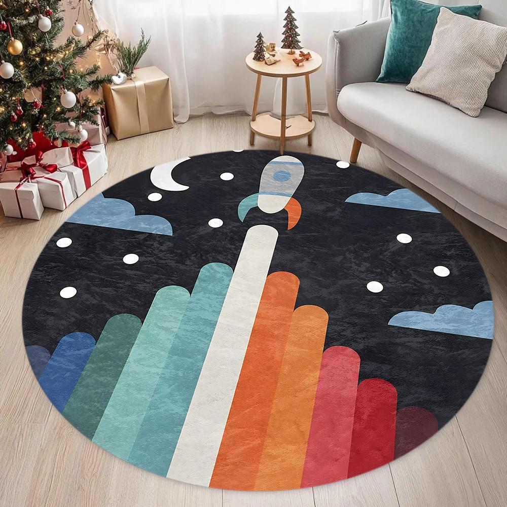 Tappeto Rotondo a Tema Spazio Rotondo Decorazione Della Casa Camera Dei Bambini Astronauta Razzo Pianeta Modello Tappetino Antiscivolo Camera