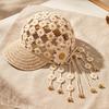 Breathable Summer Headwear Hand Crocheted Sunflower Baseball Cap, Bohemian Tassel Bell Hat, Handmade Knit Cutout Floral Spring Fashion Cap Beanie