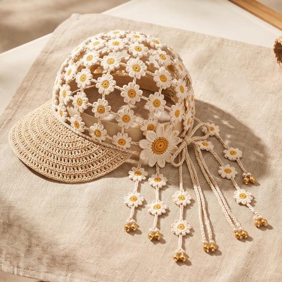 Breathable Summer Headwear Hand Crocheted Sunflower Baseball Cap, Bohemian Tassel Bell Hat, Handmade Knit Cutout Floral Spring Fashion Cap Beanie