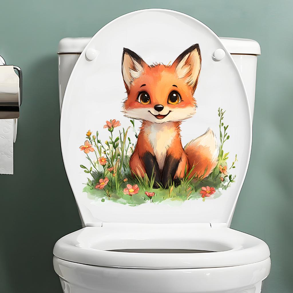 Floral Fox Cub Toilet Stickers, Waterproof Self-Adhesive for Bathroom Decor, Cute Animal Decals