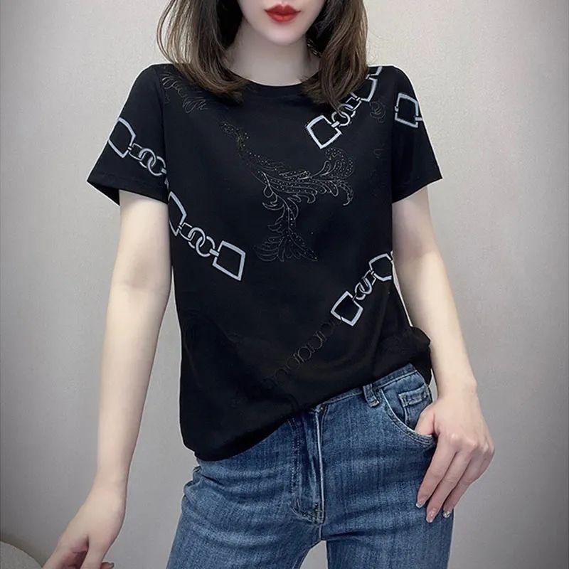 Summer Korean Fashion Round Neck Loose Casual Chain Printing Tee Women Short Sleeve All-match Pullover T-shirt Female Tee