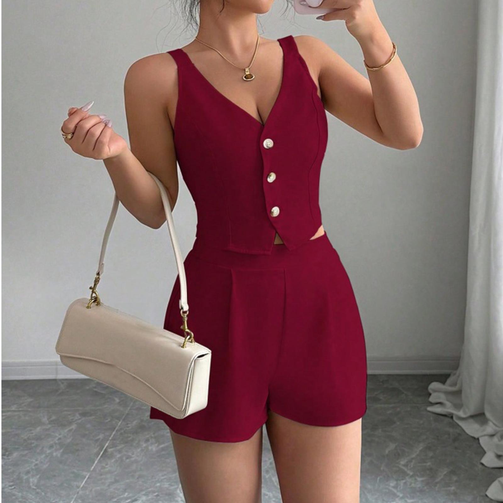 

Fashionable And Sexy Women s Spring And Summer Retro Elastic Waist Strap Linen Suit Women s Fashion Color Casual Two-piece Set XL червоний