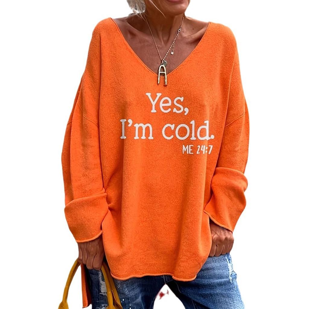 European and American Amazon Unique Street Fashion Loose Casual Solid Color Letter Print V-neck Sweater for Women