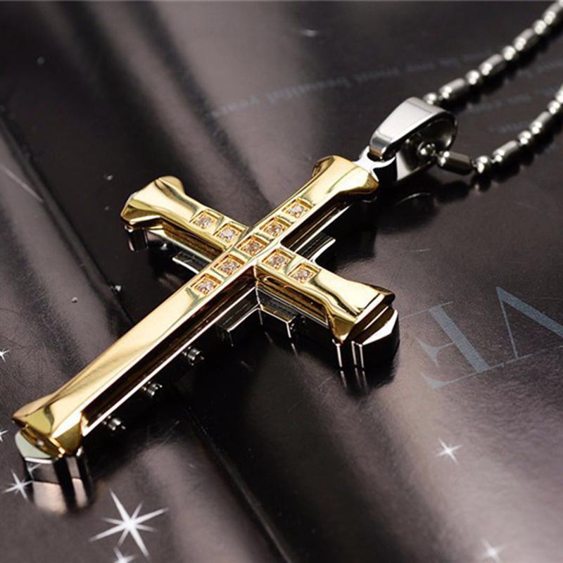Ins New Cross Pendant Necklace For Men Simple Cool Zircon Black Gold Color Stainless Steel Chain Hip Hop Punk Jewelry Gift