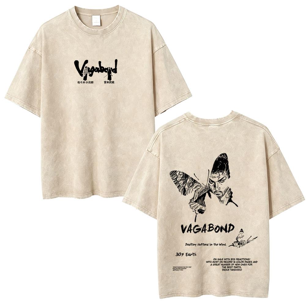 Gewaschenes Vintage Anime Vagabond Miyamoto Musashi Kirschblüten Grafik T-Shirt Herren Damen Lässiges Oversized T-Shirt 90er Jahre Streetwear