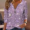 Damen-Shirt mit Rundhalsausschnitt, Reißverschluss, halbe Knopfleiste, Langarm-Pullover, glitzernde Pailletten, reguläre Passform