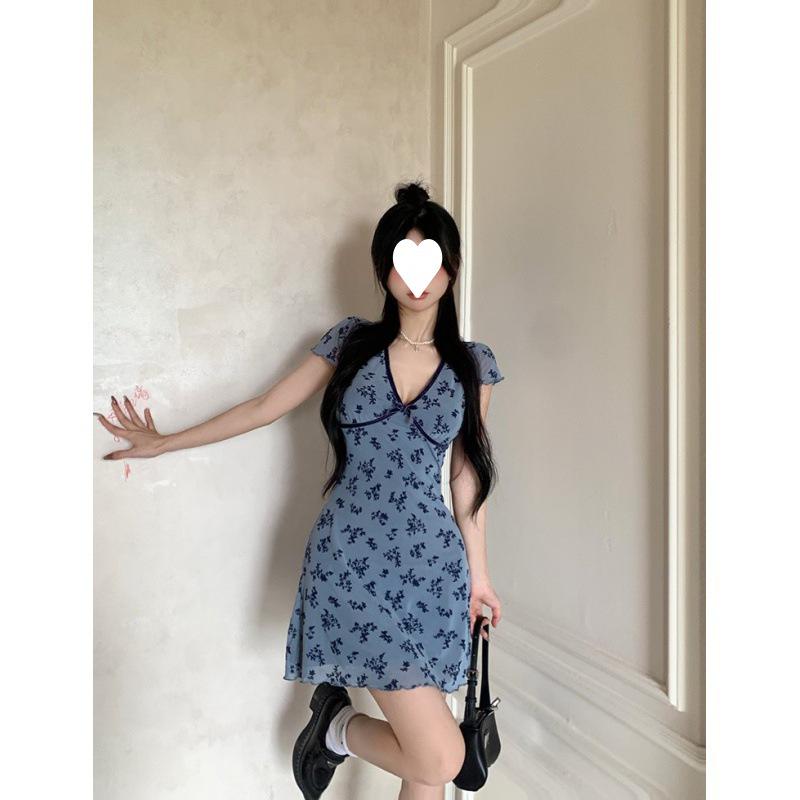 Rochie Scurtă A-Linie Florală Retro cu Decolteu în V Subțire pentru Femei 2025