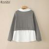 ZANZEA Damen Umlegekragen Langarm Patchwork Pullover Dünnes Sweatshirt