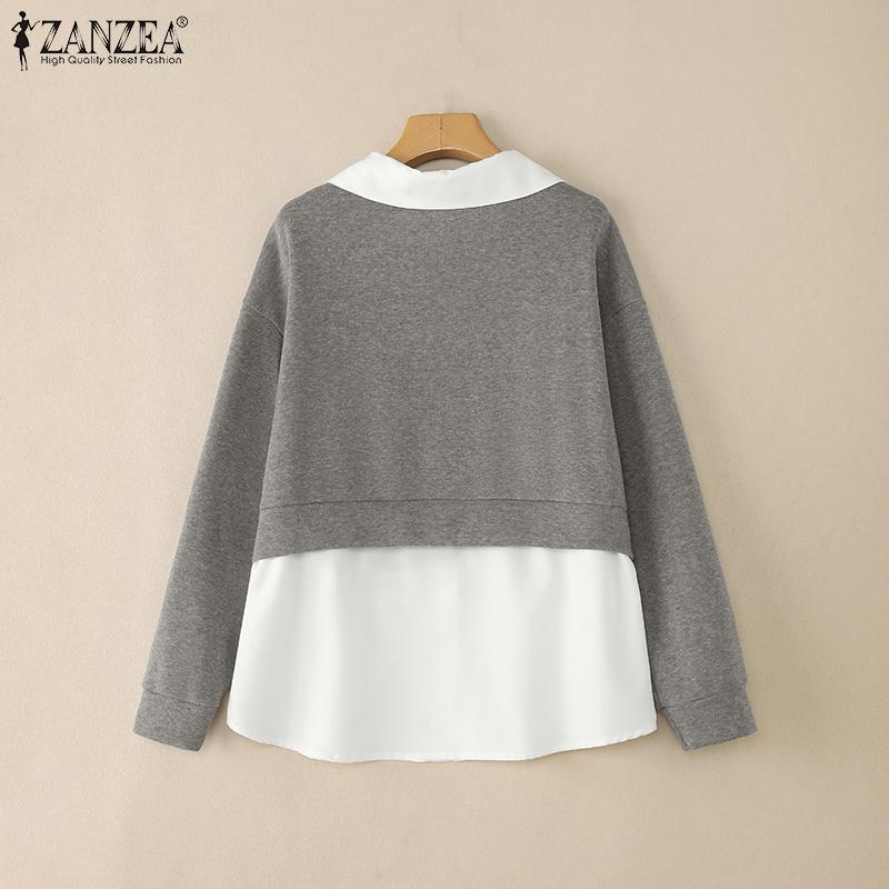 ZANZEA Damen Umlegekragen Langarm Patchwork Pullover Dünnes Sweatshirt