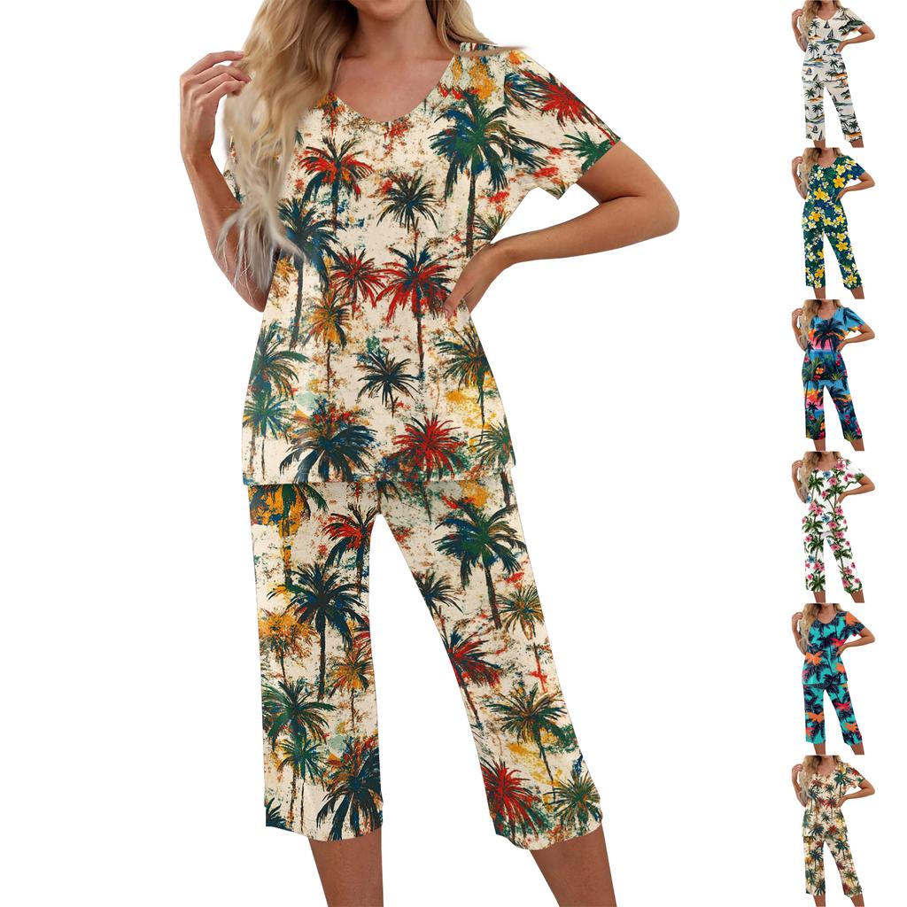 2 Piece Sets For Women Short Sleeve Top And Pants With Pockets Workout Soft Print Sets