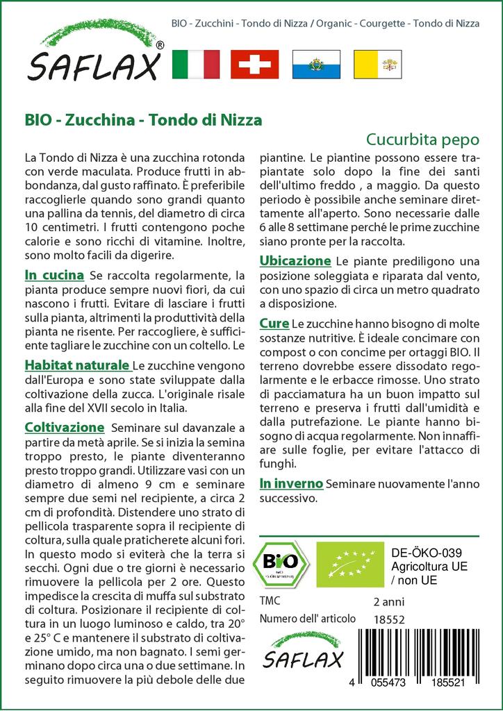 SAFLAX Garden In the Bag - Organic - Courgette - Tondo Di Nizza - 5 Seeds - With Substrate In a Fitting Stand Up Bag - Cucurbita Pepo
