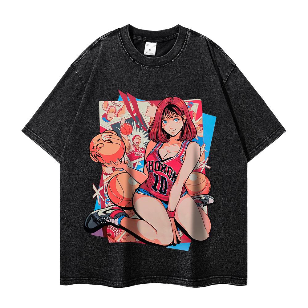 Japanese Animation Character Printing Oversize Trendy Brand Half Sleeve Old Washing T-shirt Couple Men and Women Tee Cross-border