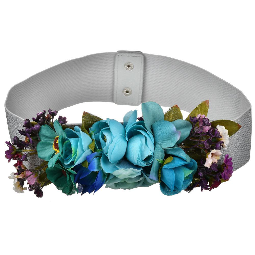 Blue Flower Silver Waist Cincher: Wide Belt with Sweet Decorative Design for Women