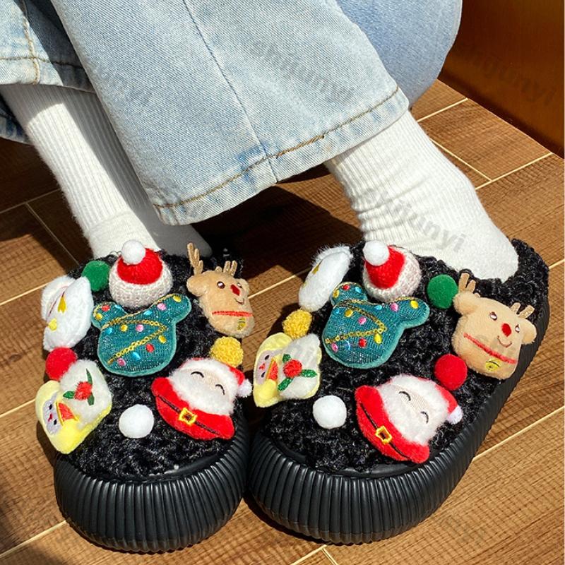 Fashion Women Cute Cartoon Snowflake Christmas Cotton Slippers Ladies Winter New Anti-slip Winter Warm Indoor Home Floor Fluffy Slides