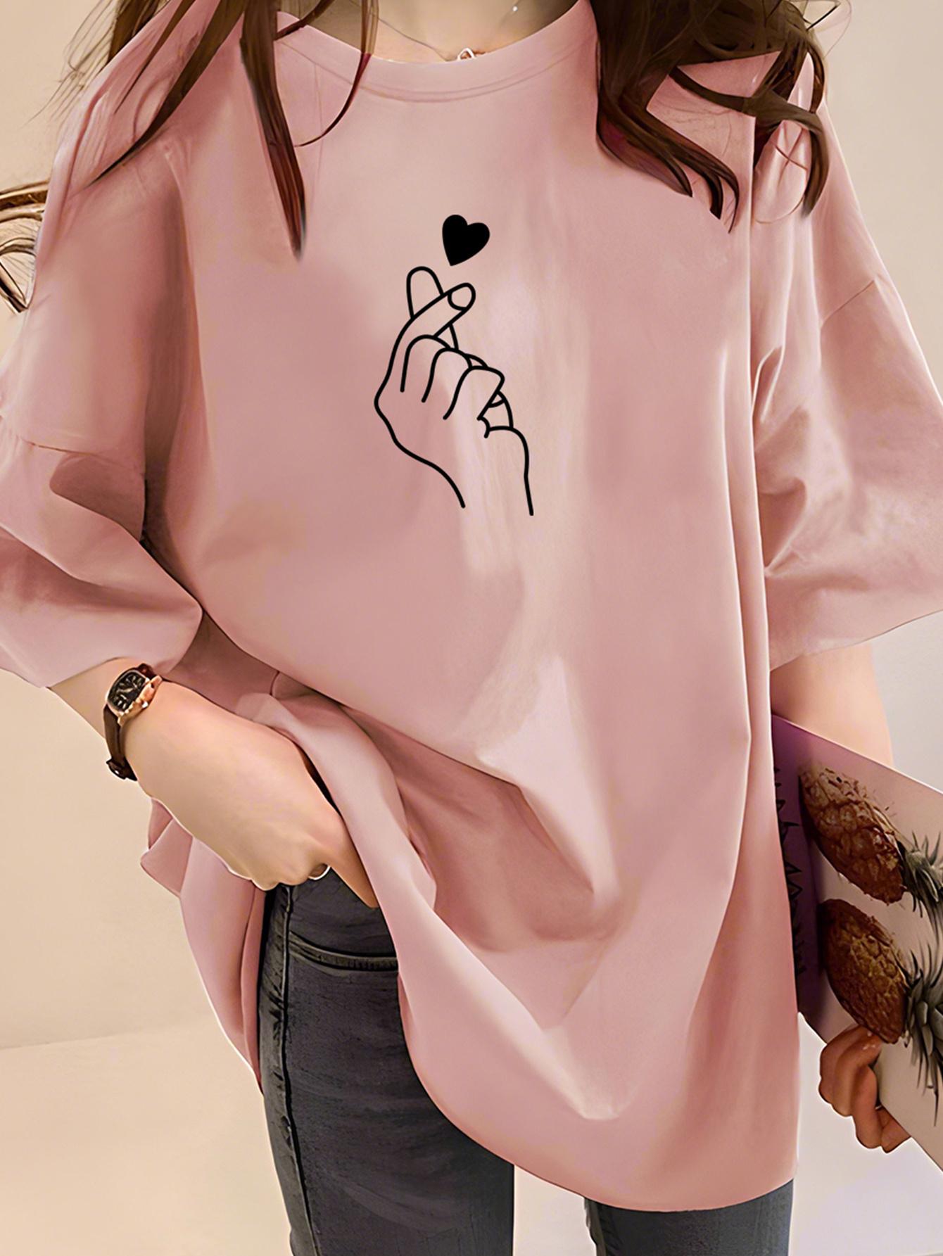 2026 Summer women s heart print letter graphic print fashionable casual sports loose round neck short sleeved T-shirt top S