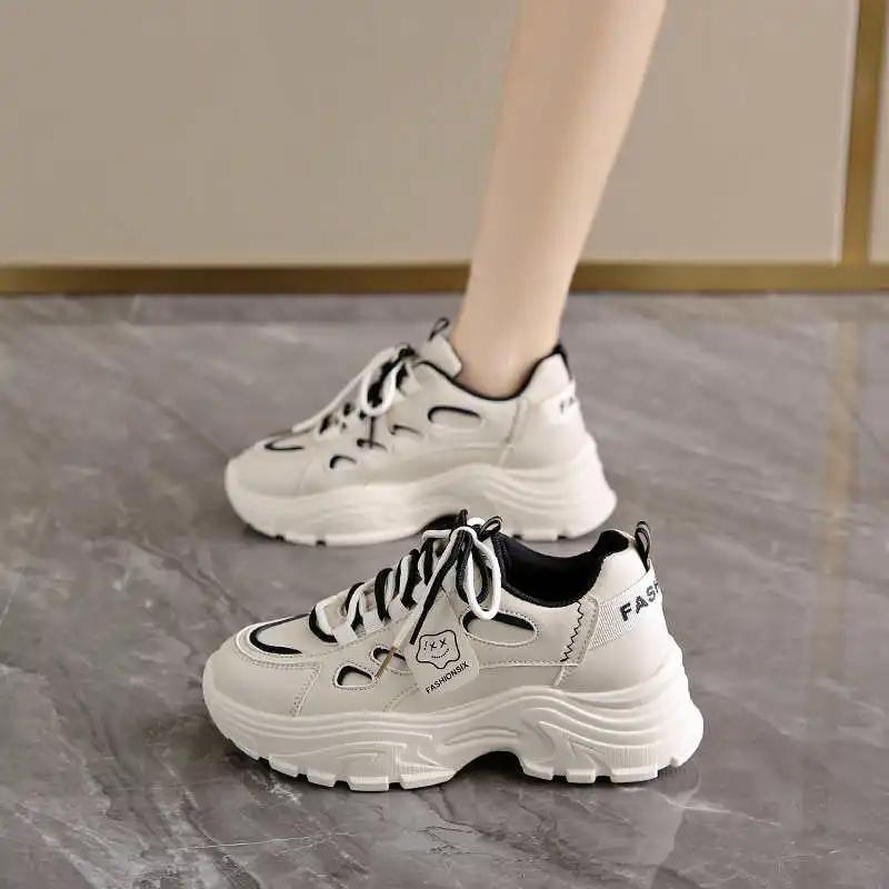 Lace-up Legitimate Leather Women's Black Boot Walking Silver Flat Shoes Women's White Sneakers Sport 2025 Aestthic Snaeaker