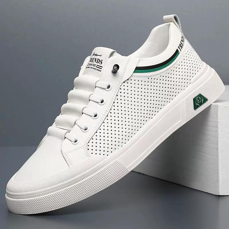 

[Same at the counter] Cowhide fashionable versatile little white shoes, breathable hollow sports men s shoes, soft sole and soft surface 44