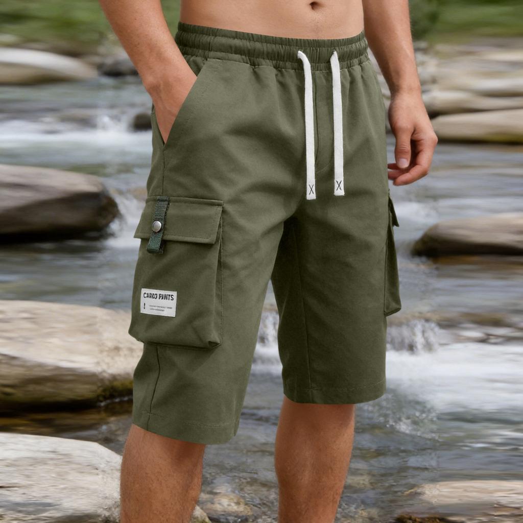 Men's Lightweight Cargo Shorts Elastic Waistband Drawstring Closure Loose Fit Straight Leg Multi Pocket Utility Shorts for Outdoor Activities