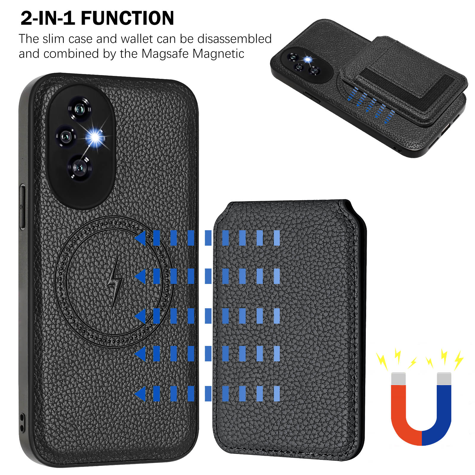 

Magsafe 2 в 1 съемный чехол-кошелек Huawei с держателем для карт, магнитной подставкой, откидной чехол из искусственной кожи для Honor X6B X7B X8B X9B Honor200 Play 8T Honor Magic6 Lite чёрный