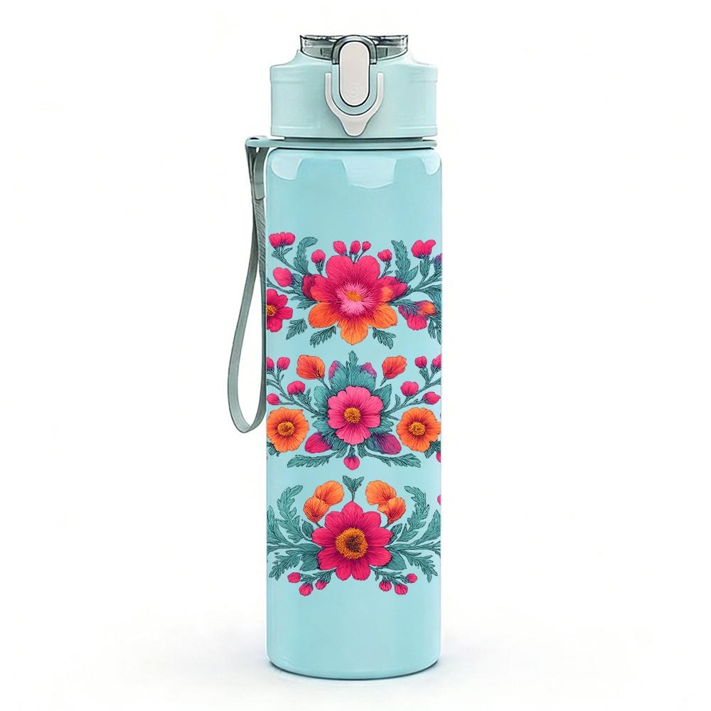 1PC Colorful Floral Pattern Art 750ml Color Plastic Sports Water Bottle Leakproof Flip Straw Lid Suitable for Sports Office Home Use