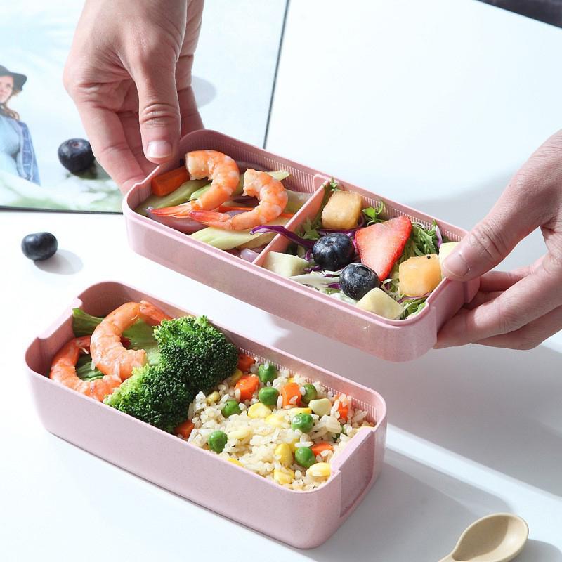 Double-Layer Wheat Straw Lunch Box With Fork And Spoon Microwave Safe Portable Lunch Box For Office Workers And Students