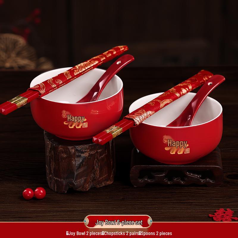 Festive Red Wedding Tea Set: Lidded Bowls, Tea Cups, and Chopsticks
