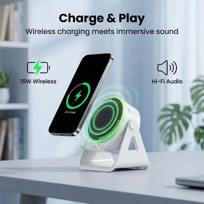 New Multi-functional Wireless Charging Inductive Speaker with Rotating Phone Stand and Bluetooth Speaker