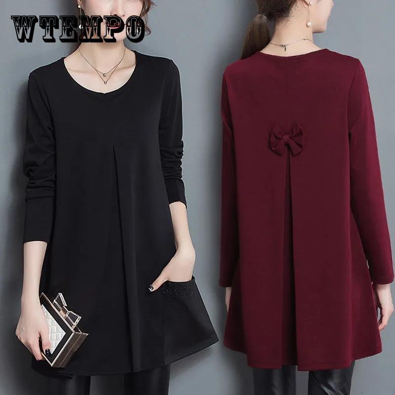 

Весенняя женская футболка, повседневные однотонные футболки с круглым вырезом, топы больших размеров с карманами, осенний пуловер